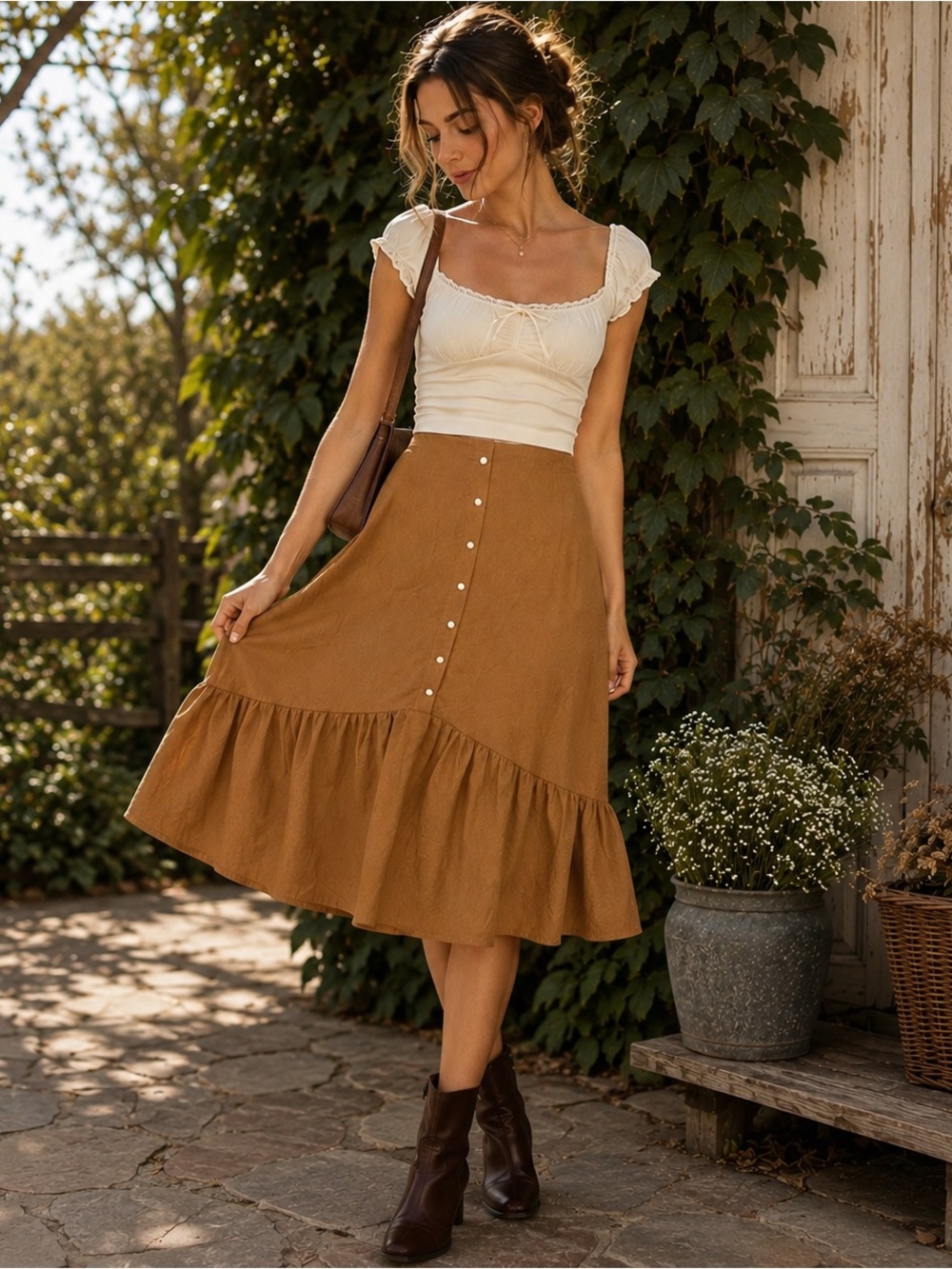 Brown Ruffle Midi Skirt Pearl Button Cottagecore Boho Romantic Prairie XL